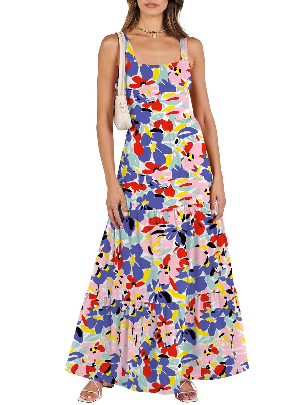 ANRABESS Women's Summer Casual Long Maxi Beach Vacation Dresses Sleeveless Square Neck Flowy Tiered Sun Dress with Pockets