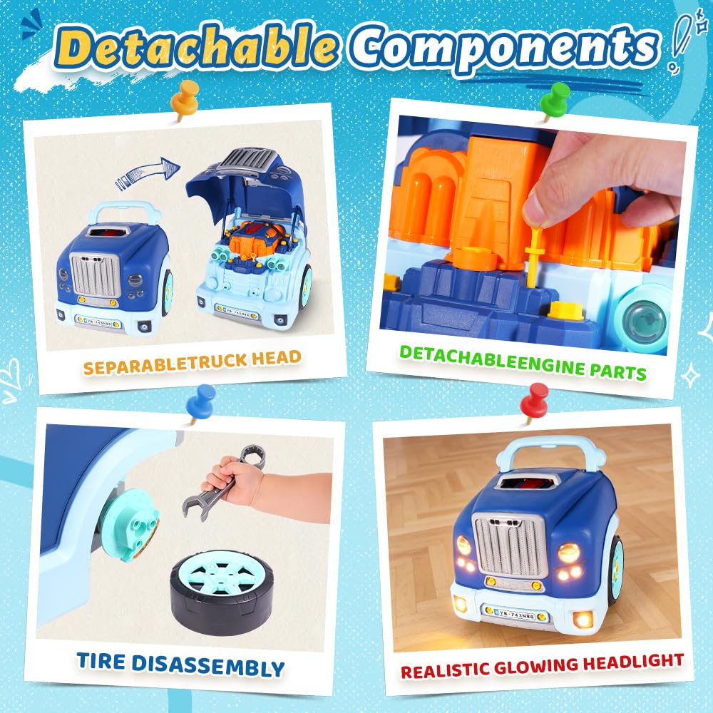 POFJOEQ Interactive Truck Engine Toy with Removable Parts - Lights, Sounds, and Fun for Young Mechanics -Unleash Their Creativity and Motor Skills with This Truck Engine Toy (Bule)