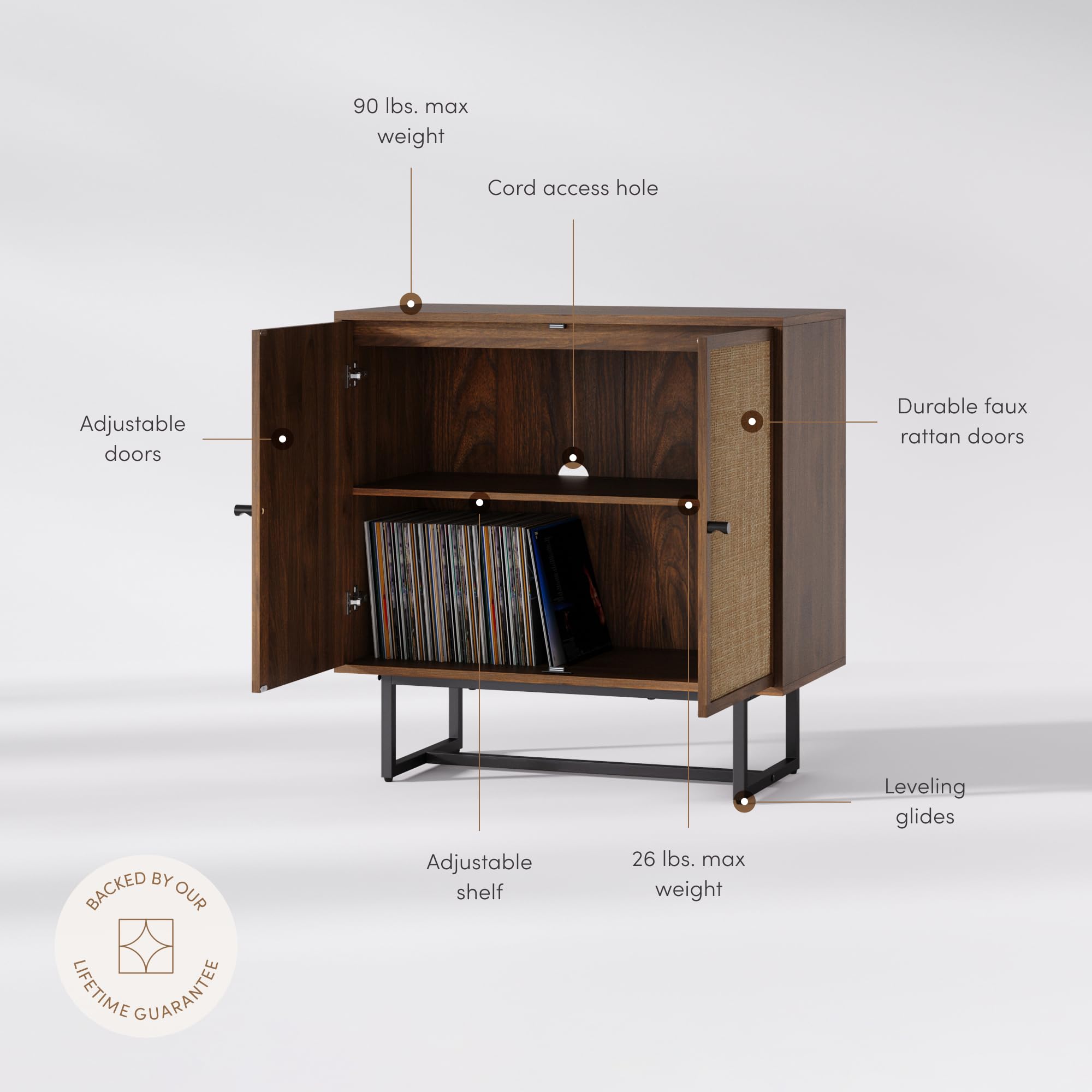 Nathan James Kova Rattan Wood Accent Sideboard Storage Cabinet with Matte Metal Frame, Adjustable Interior Shelves and Cane Doors, for Hallway, Entryway or Living Room, Black Oak/Cane