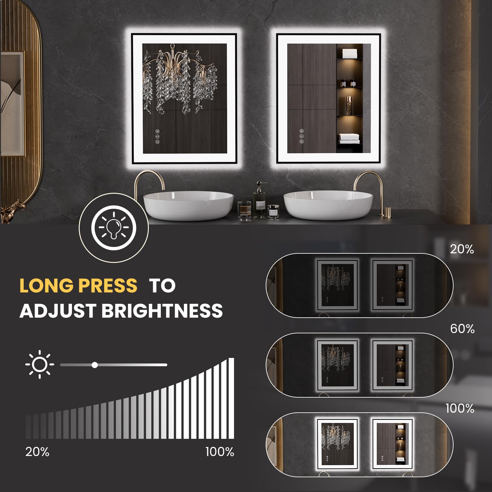 LOAAO 20"X28" LED Bathroom Mirror Black Framed | Anti-Fog, Dimmable, Memory Function, Tempered Glass, Lighted Vanity Mirror for Wall