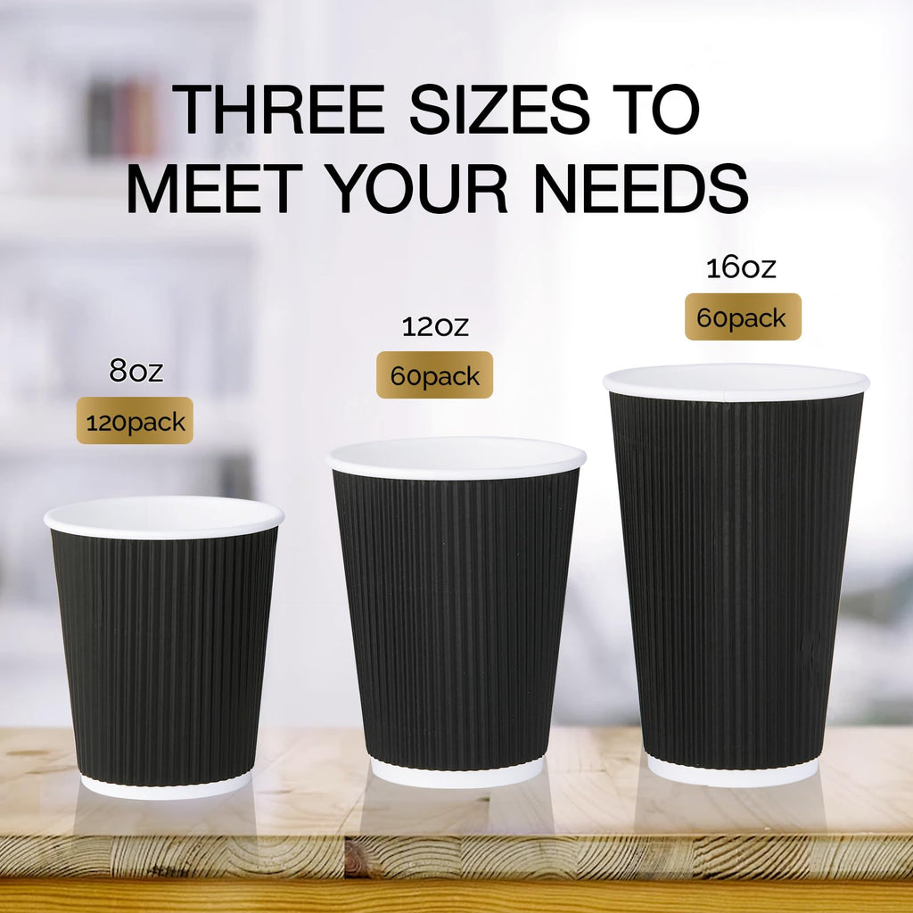 JollyPack 60 Pack 12 oz Paper Coffee Cups, Black Disposable Beverage Cups with Insulated Ripple Wall for Coffee, Tea, and Hot Chocolate