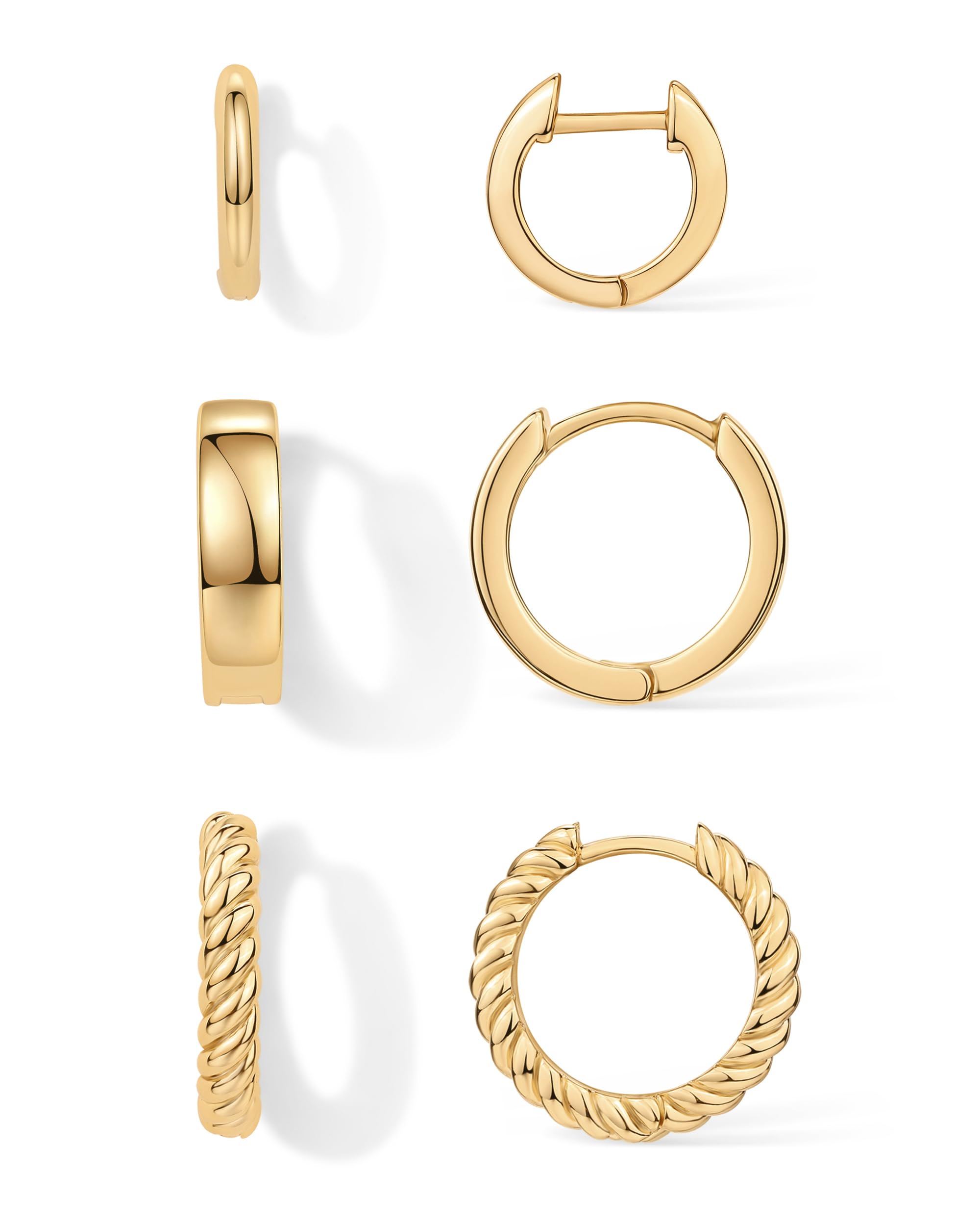 PAVOI Gold Hoop Earrings for Women - 14K-18K Yellow Gold Plated 925 Sterling Silver - Hypoallergenic 3-Pair Small Hoop Earings Set with Cubic Zirconia - Rope Teardrop & Chunky Huggie Styles Earscape Piercings
