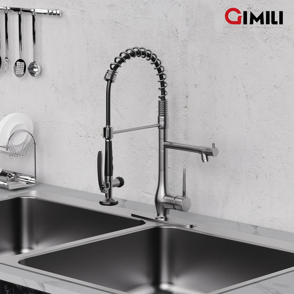 GIMILI Black and Gold Kitchen Faucet with Pull Down Sprayer Single Handle High Pressure Kitchen Sink Faucet Commercial Double-Headed Stainless Steel Kitchen Faucets