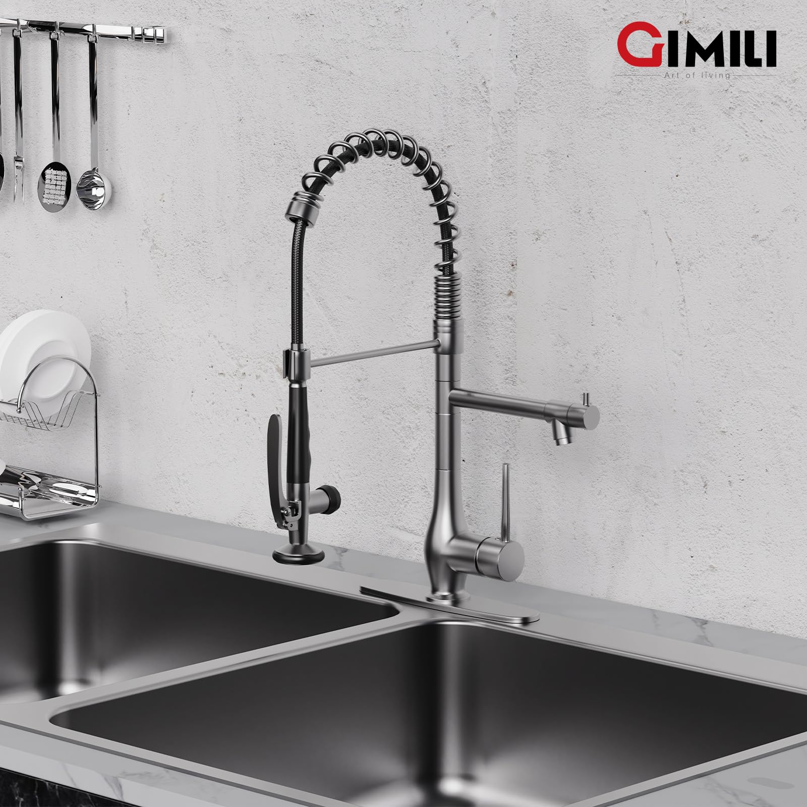 GIMILI Black and Gold Kitchen Faucet with Pull Down Sprayer Single Handle High Pressure Kitchen Sink Faucet Commercial Double-Headed Stainless Steel Kitchen Faucets
