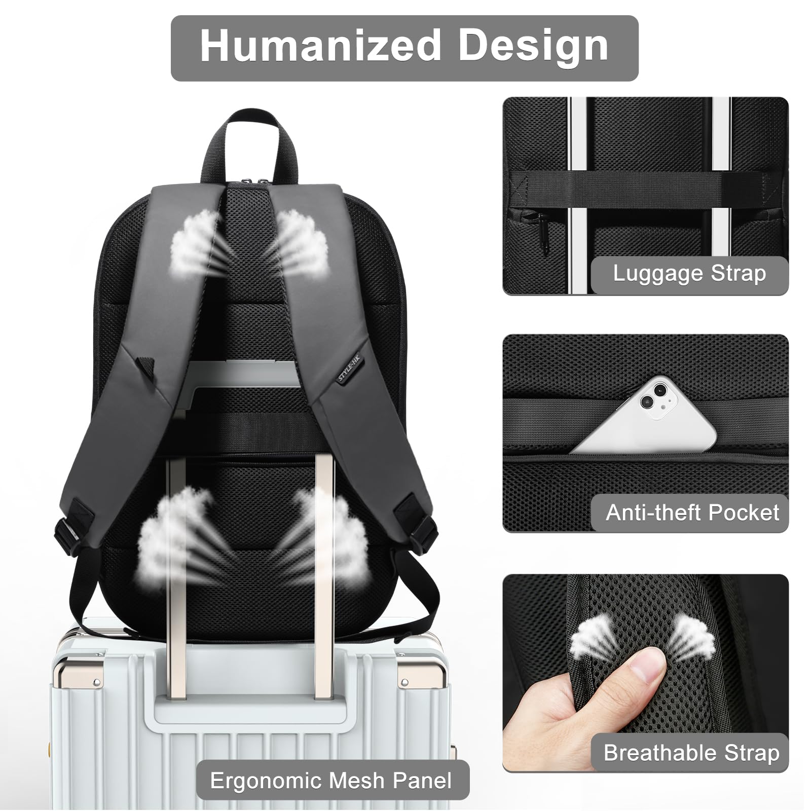 hk Business Backpack for Men 15.6 Inch,Slim & Expandable Waterproof Travel Laptop Backpack, Anti-Theft Lightweight Work Computer Bag, College Laptop Backpacks Gifts for Men Women-Black