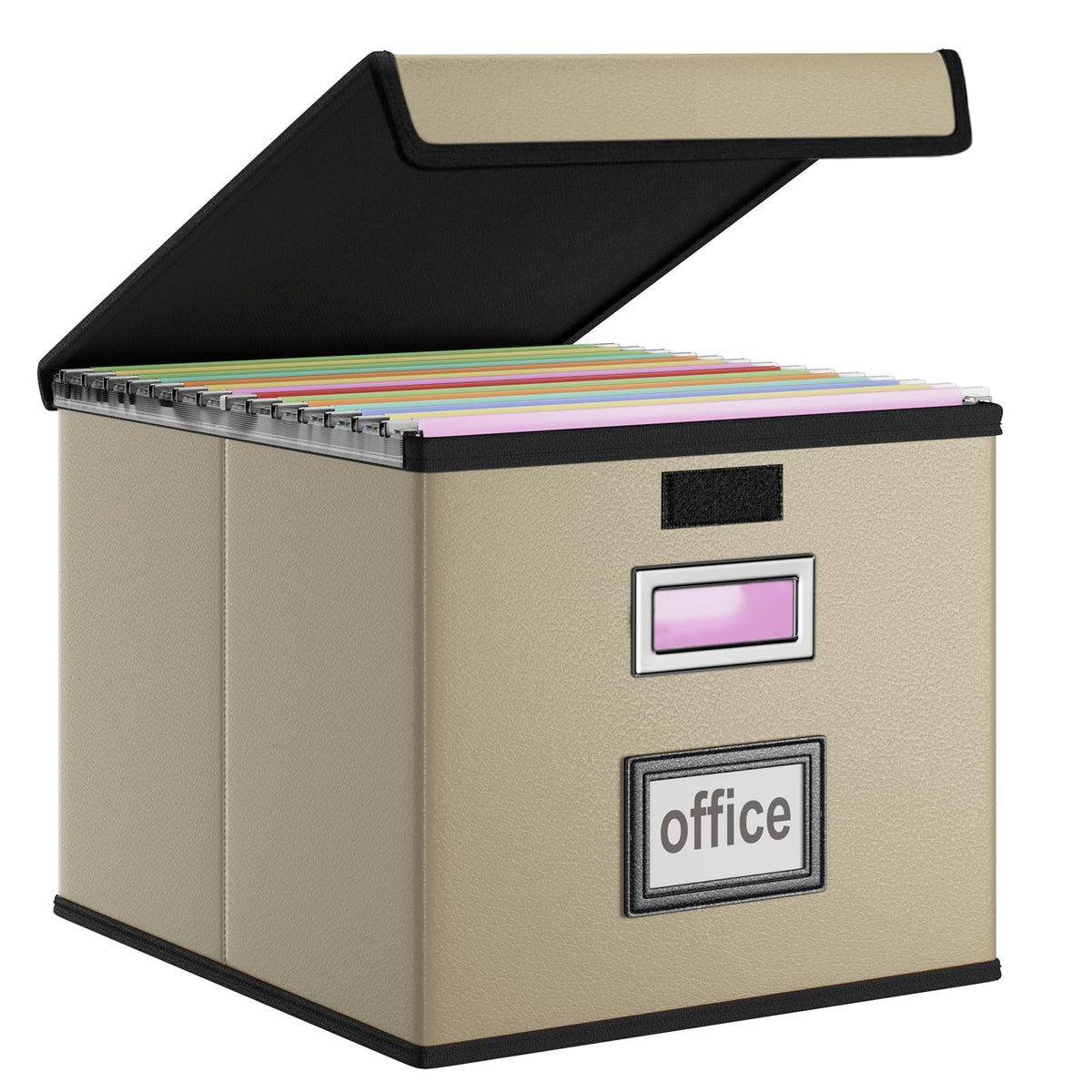 File Organizer Box with Lid, Collapsible Faux Leather Hanging File Folder Box Organizer with Plastic Slides, Decorative Home/Office Filing System Boxes for File and Folders Storage