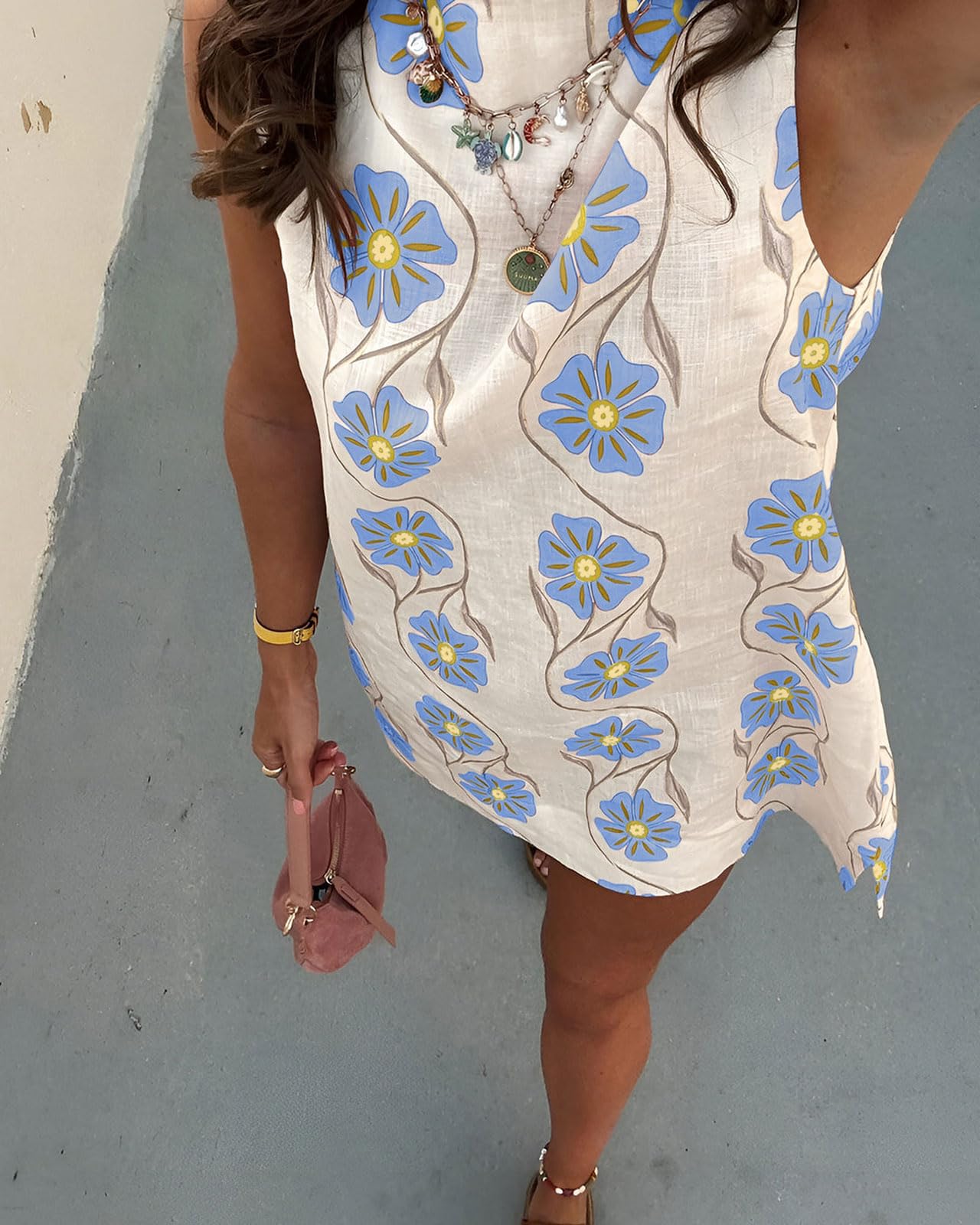 CHARTOU Women 2025 Summer Sleeveless Floral Short Shift Dress Cotton Linen Loose Tank Dress