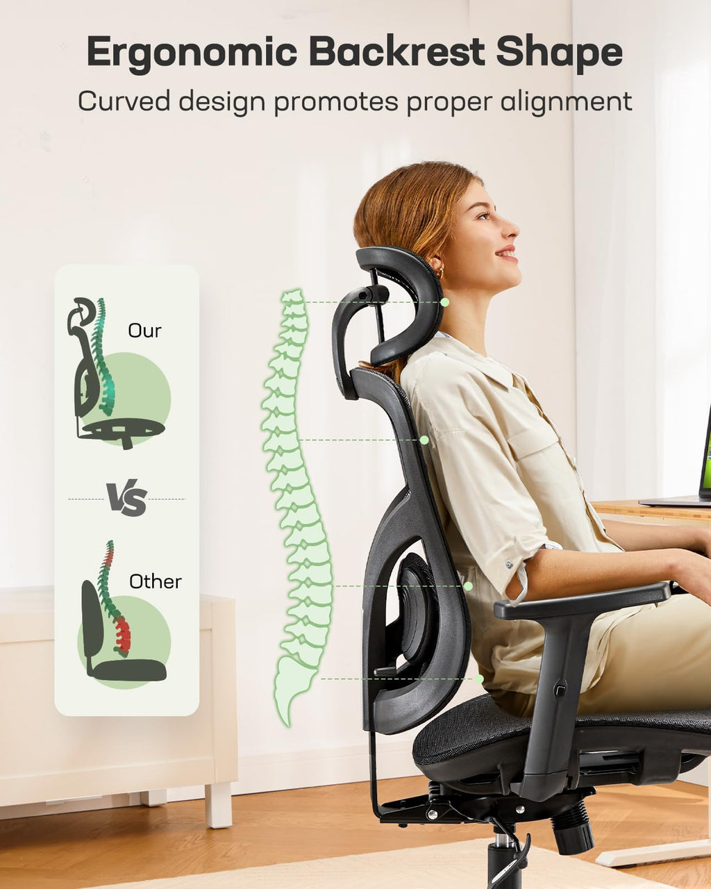 Marsail Office Chair Ergonomic Desk Chair with 3 Ways PU Armrests and Adjustable Lumbar Support Breathable Mesh Computer Chair Executive Rolling Swivel Comfy