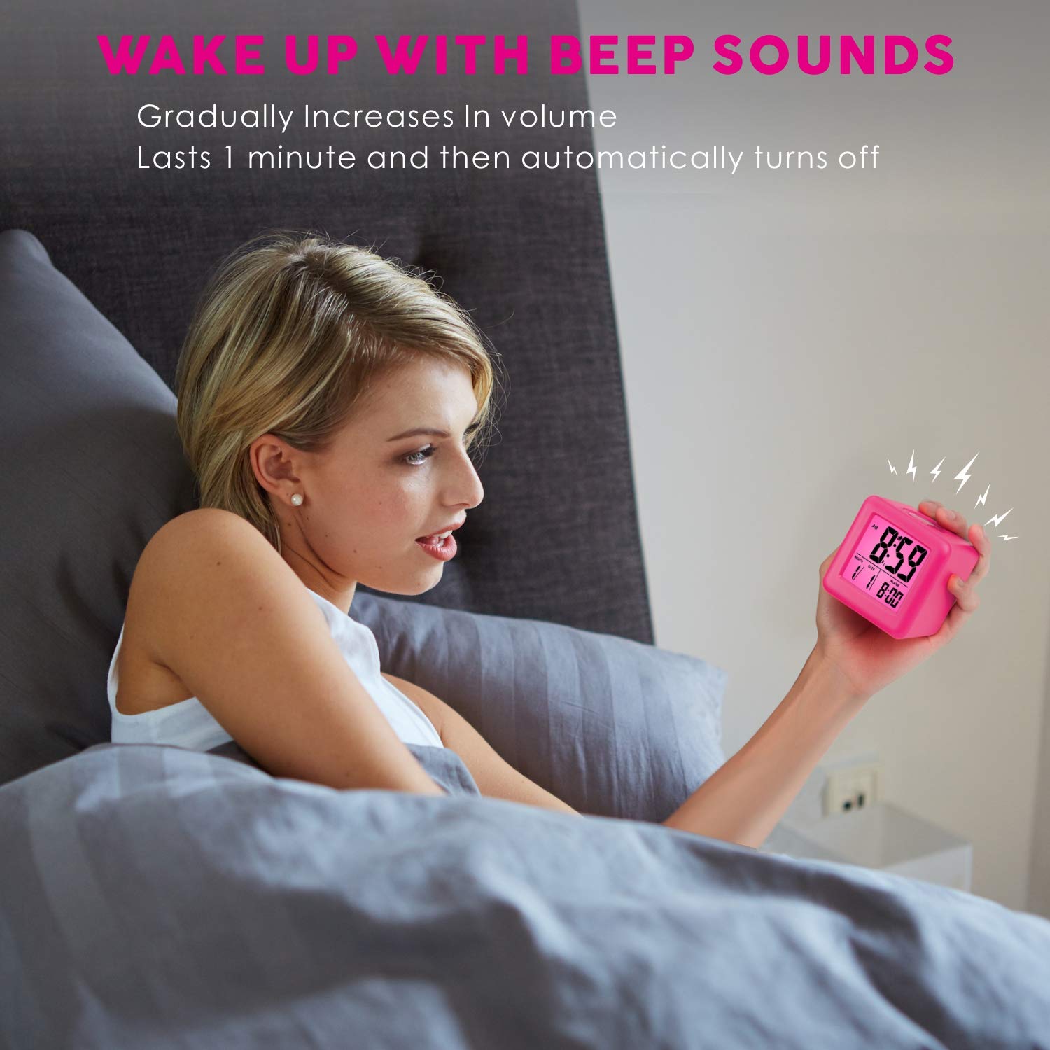 Plumeet Digital Alarm Clock Kids Clock with Snooze and White Nightlight - Easy Setting Travel Alarm Clocks Display Time, Date, Alarm - Ascending Sound - Battery Powered (Baby Blue)
