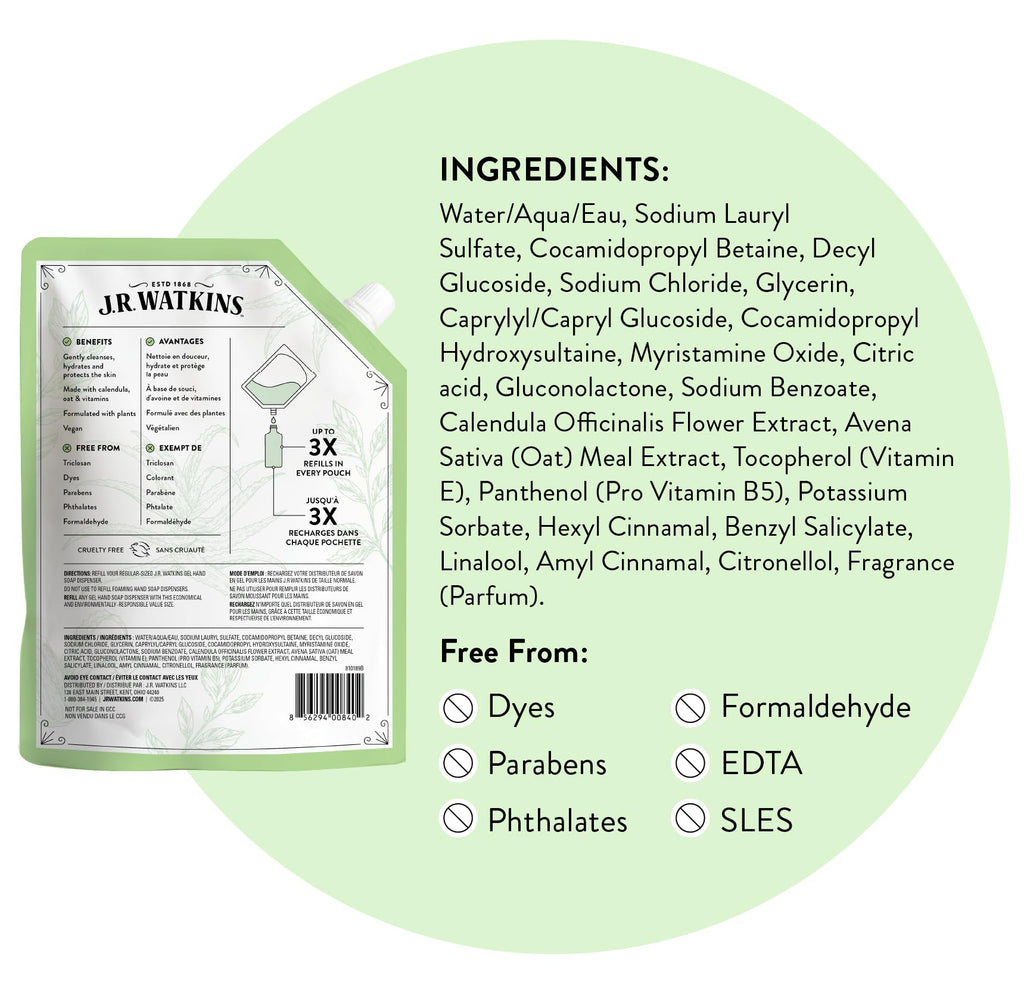 J.R. Watkins Gel Hand Soap Refill, Moisturizing Hand Wash, Formulated with Plant-Based Cleansers, Alcohol-Free, Cruelty-Free, Aloe & Green Tea, 34 Fl Oz, 2 Pack
