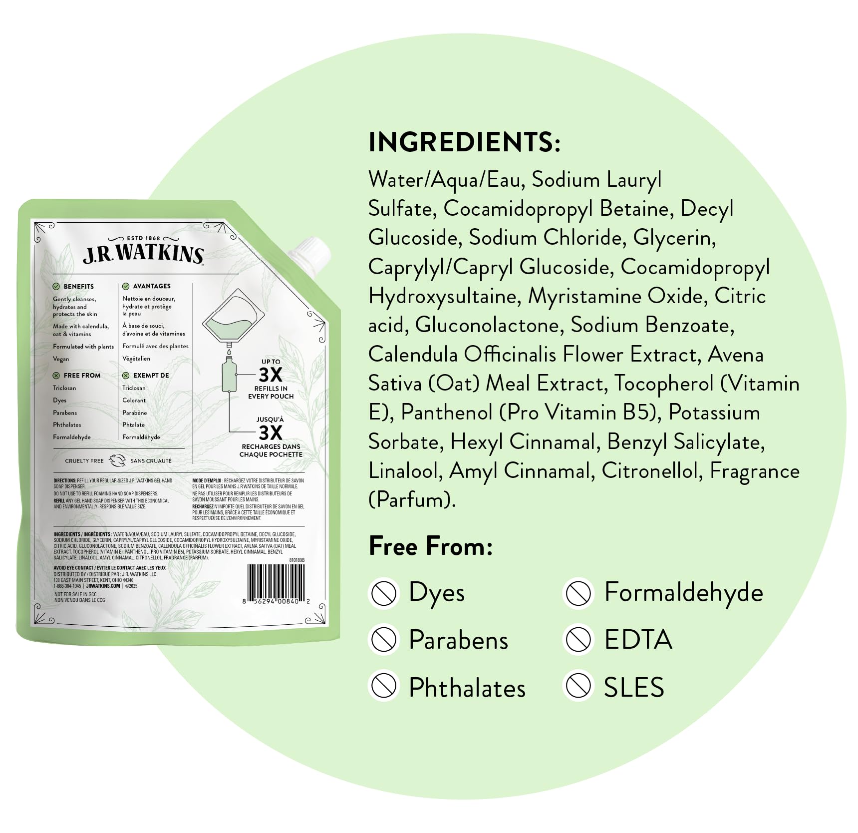 J.R. Watkins Gel Hand Soap Refill, Moisturizing Hand Wash, Formulated with Plant-Based Cleansers, Alcohol-Free, Cruelty-Free, Aloe & Green Tea, 34 Fl Oz, 2 Pack