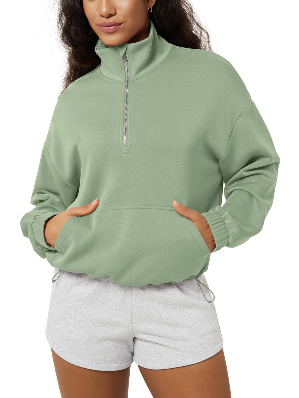 ODODOS Women's Modal Soft Cinchable Sweatshirts Half Zipper Funnel Neck Oversize Pullover with Pockets