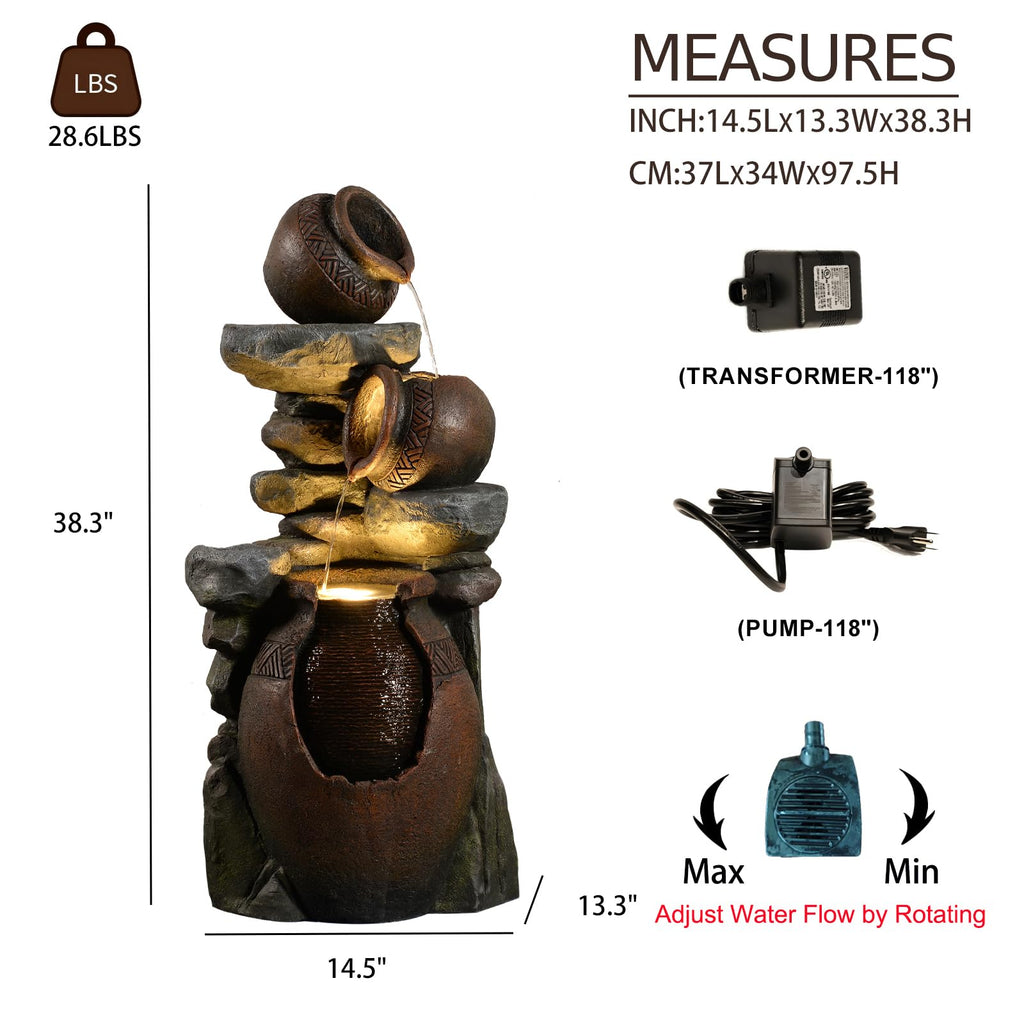 Bumilgar 2-Tier Bowl Water Fountain with LED Lights, 27.95" Tall Freestanding Outdoor & Indoor Garden Waterfall Fountain for Yard, Patio, Backyard, Floor Standing Home Decor