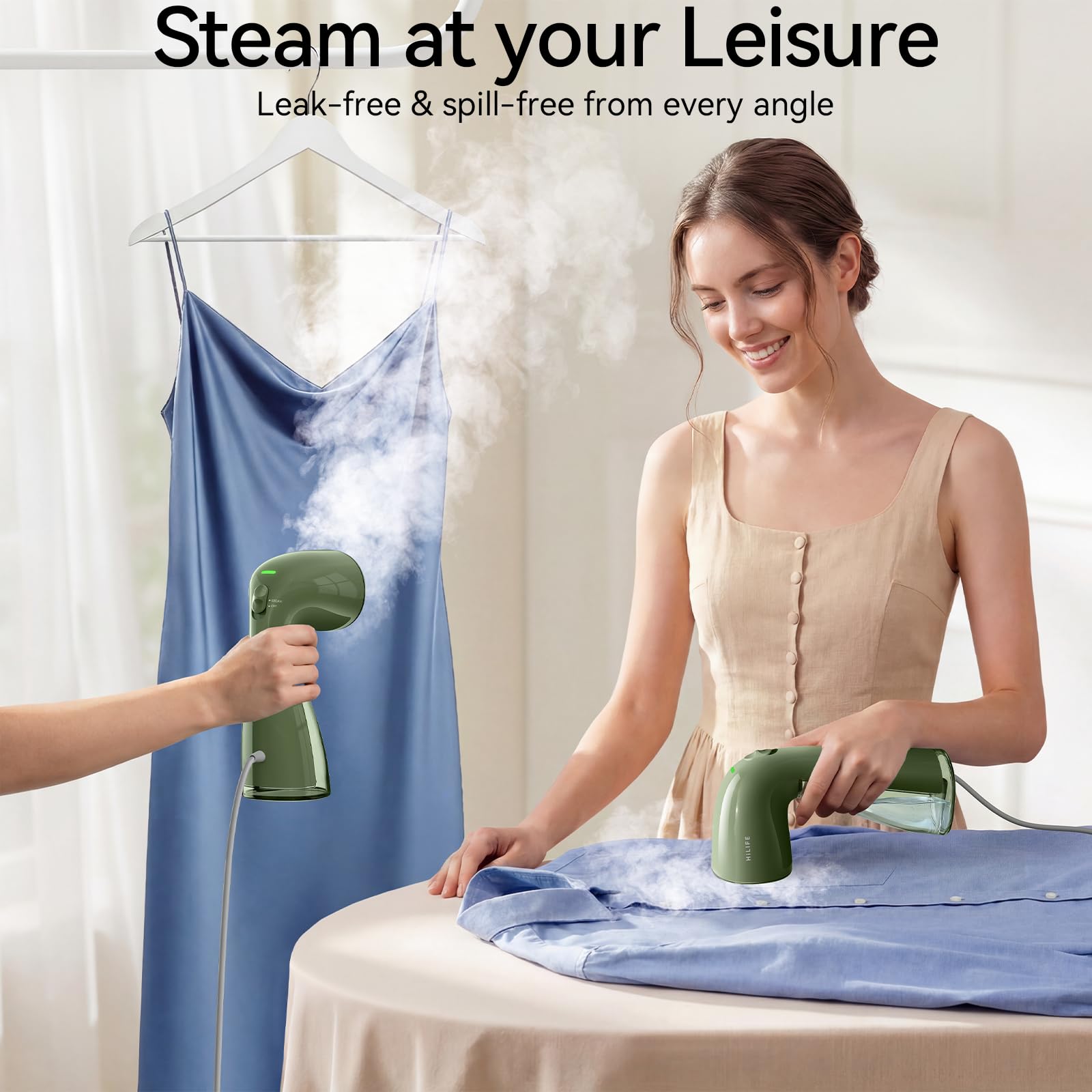 HiLIFE Steamer for Clothes, Portable Handheld Design, 240ml Big Capacity, 700W, Strong Penetrating Steam, Removes Wrinkle, for Home, Office and Travel(ONLY FOR 120V) (Olive Green)