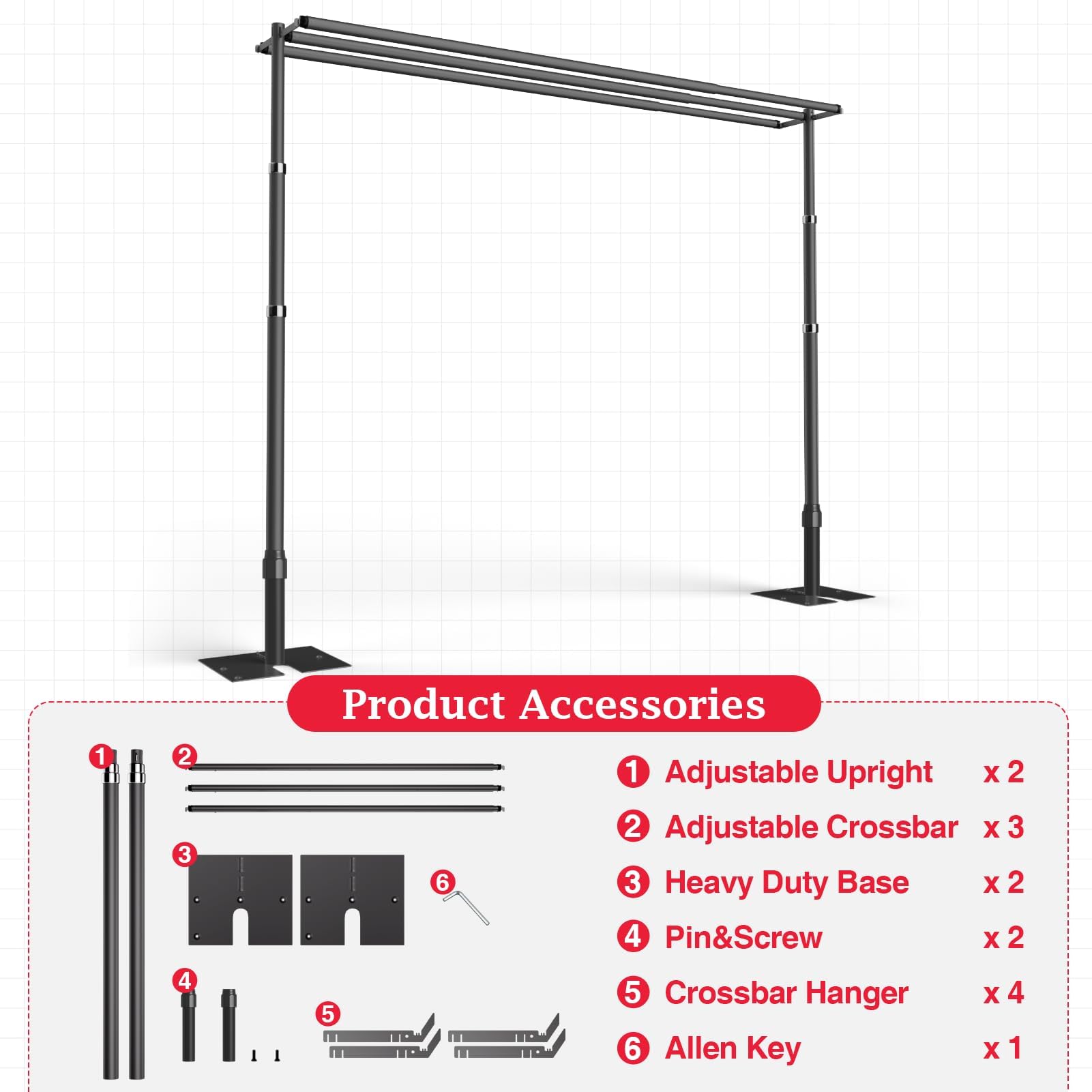 EMART Backdrop Stand Heavy Duty 8.9x10Ft,Three Crossbar Pipe and Drape Photo Background Support Kit, Adjustable Metal Frame with Flat Base for Wedding Birthday Party Decorations-Black