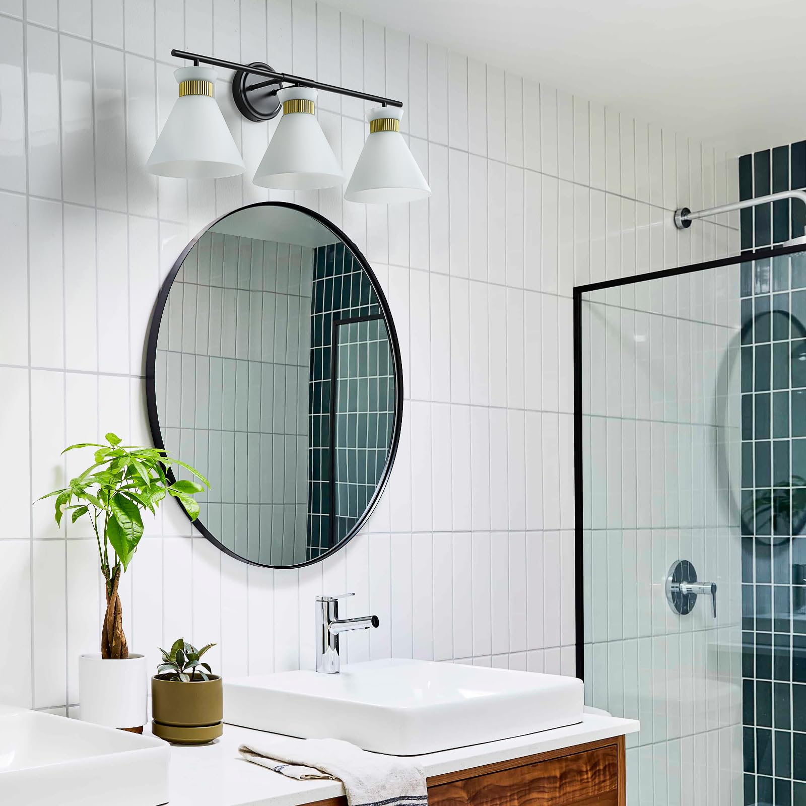 WOSHITU Gold Bathroom Light Fixtures: Modern Vanity Lighting Fixtures 2 Lights for Bathroom Mid Century Vanity Light Sconces Over Mirror with Frosted Milky Glass for Bath Bedroom Makeup