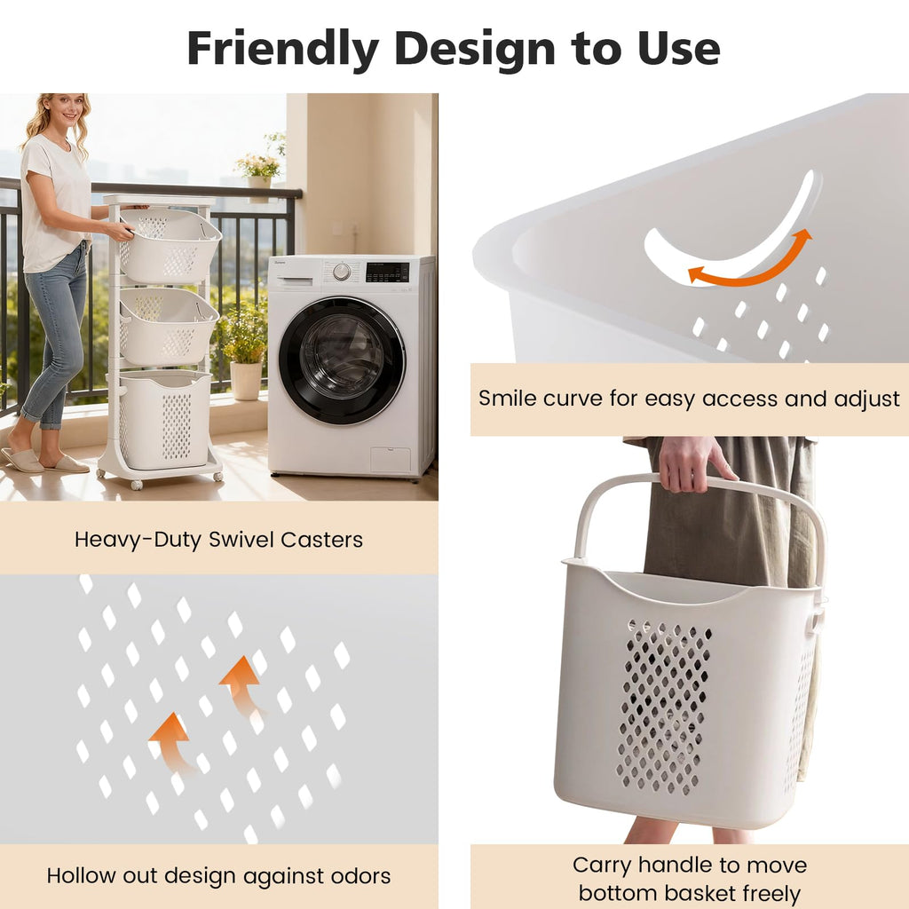 BAOKALER Rolling Laundry Hamper Cart with Wheels, 3 Tier White Laundry Baskets, Clothes Hamper with Portable Storage Baskets for Kitchens, Bathrooms, Bedrooms, Classrooms, Laundry Rooms(75L)