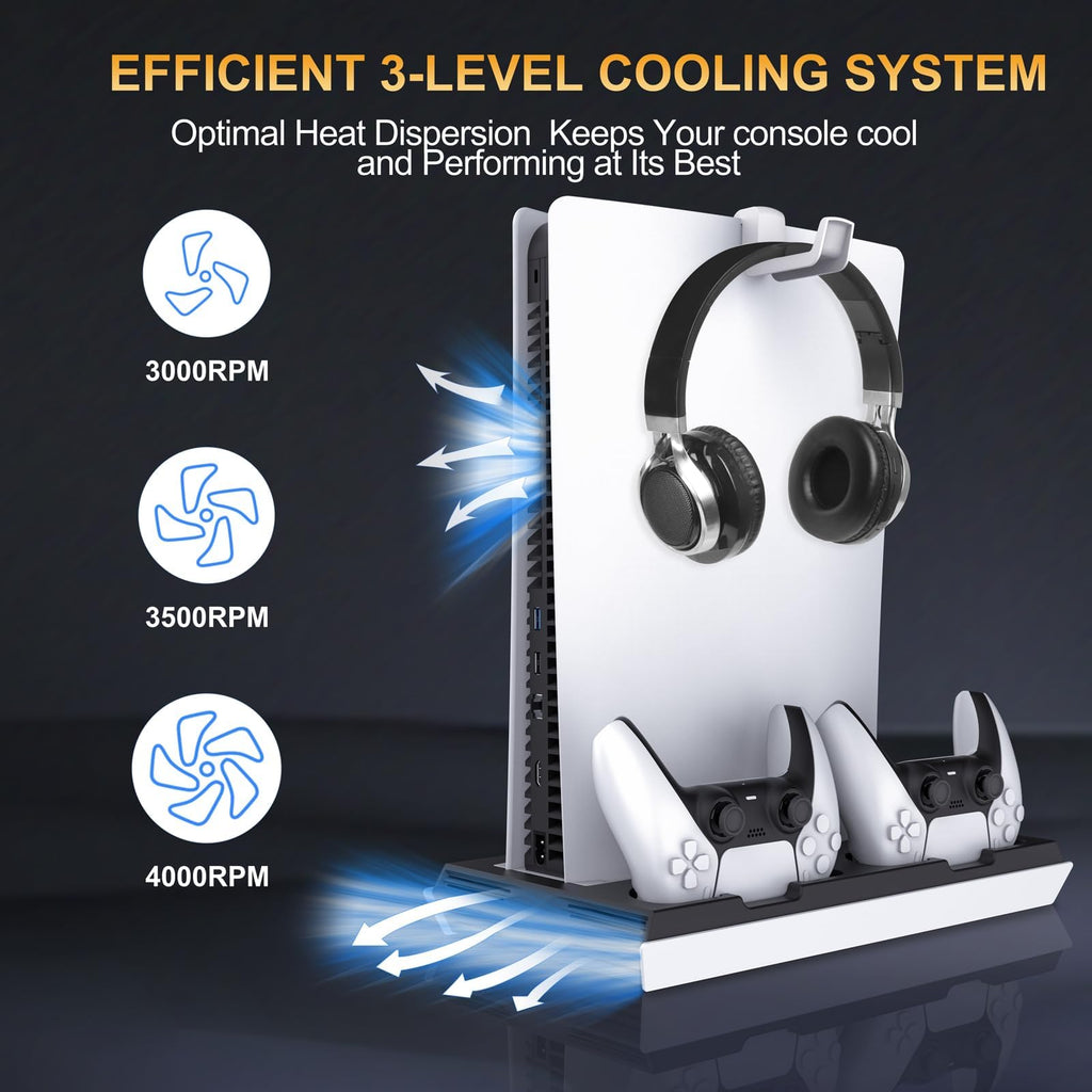 PS5 / PS5 Slim Cooling Station with Dual Controller Charging Station, PS 5 Cooling Stand for PlayStation 5 Console, Headset Holder/ PS 5 Cooling Fan/4 USB Hub All in One Accessories Organizer, Black