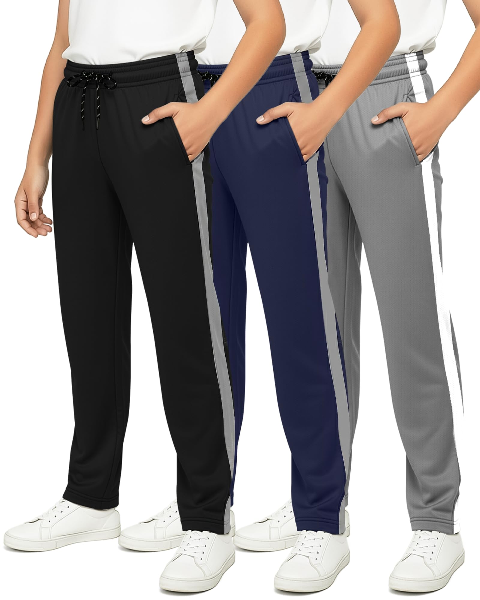 Real Essentials 3 Pack: Boys' Mesh Open Bottom Active Sweatpants with Pockets & Drawstring