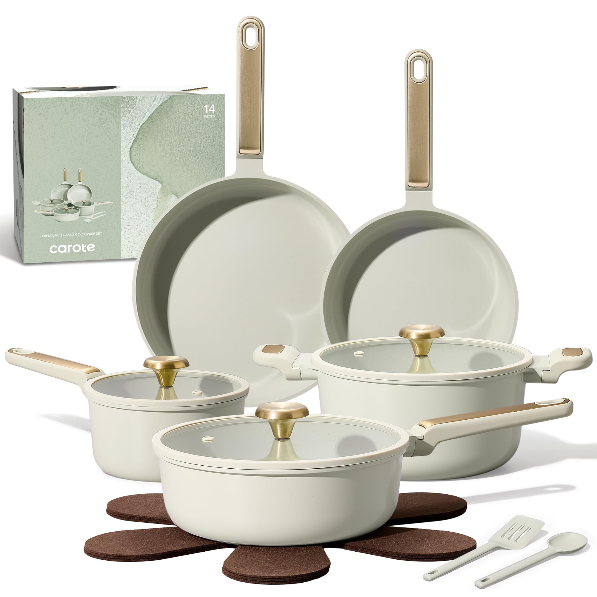 CAROTE 14Pcs Pots and Pans Set Non Stick, Cookware Sets Induction Cookware Granite Cooking Set with Frying Pans, Saucepans, Saute Pan, Extra Large Casserole