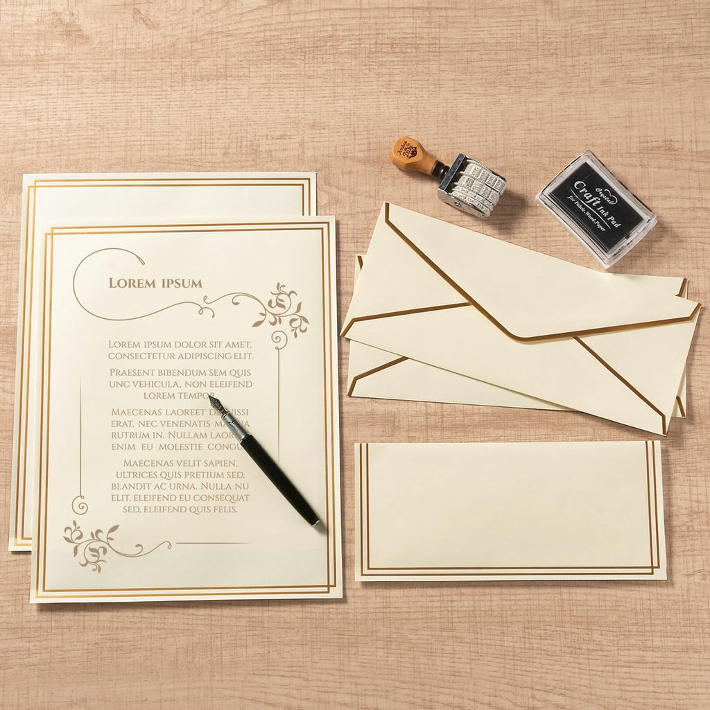 50 Pack Stationery Set with Envelopes, Cream Color, 8.5x11 Inches | Gold Border, #10 Business Envelopes and 8.5x11 Paper Sheets, Stickers for Letter Writing, Invitations