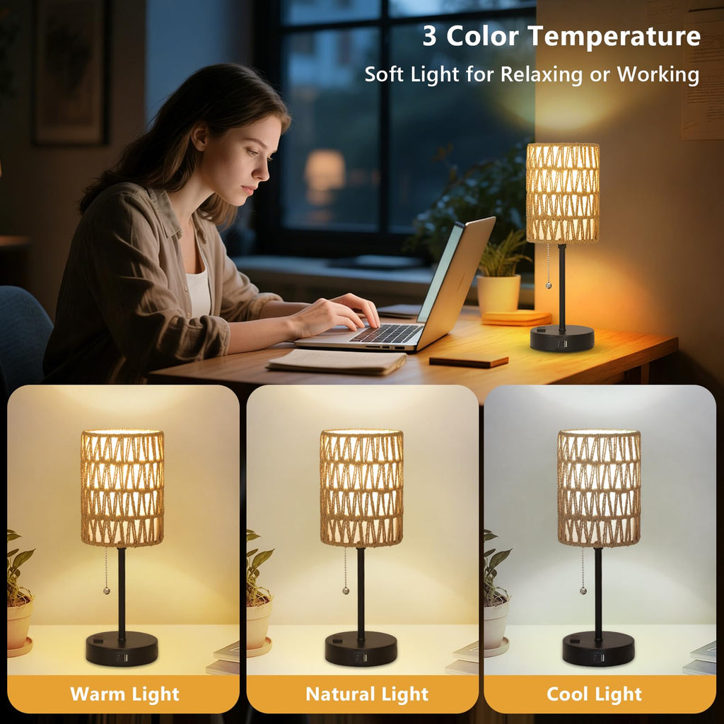 Rattan Bedside Table Lamps Set of 2 - Boho Lamps With 3 Color Temperatures & USB AC Port, Pull Chain Table Lamp For Bedroom, Cute Small Lamp For Nightstand Office Desk Bed Side End Table Living Room