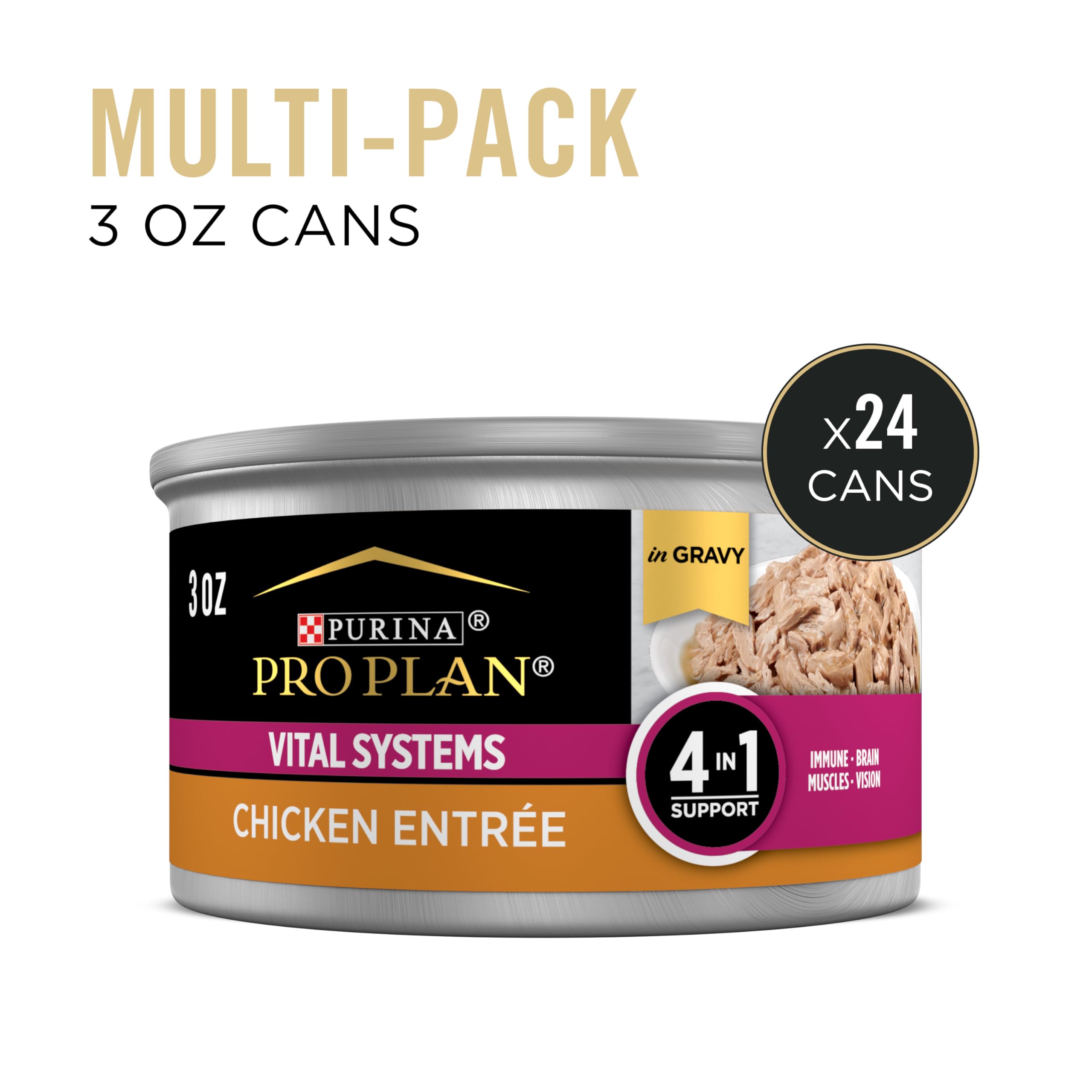 Purina Pro Plan Wet Cat Food Vital Systems Chicken Entree in Wet Cat Food Gravy 4-in-1 Immune, Brain, Muscle and Vision - (Pack of 24) 3 oz. Cans