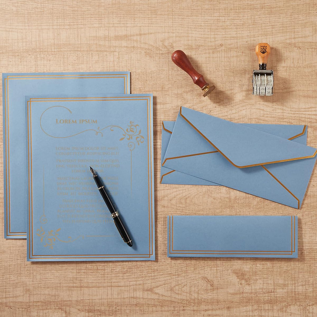 50 Pack Stationery Set with Envelopes, Cream Color, 8.5x11 Inches | Gold Border, #10 Business Envelopes and 8.5x11 Paper Sheets, Stickers for Letter Writing, Invitations
