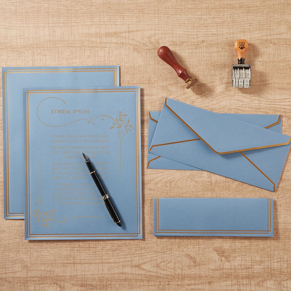 50 Pack Stationery Set with Envelopes, Cream Color, 8.5x11 Inches | Gold Border, #10 Business Envelopes and 8.5x11 Paper Sheets, Stickers for Letter Writing, Invitations