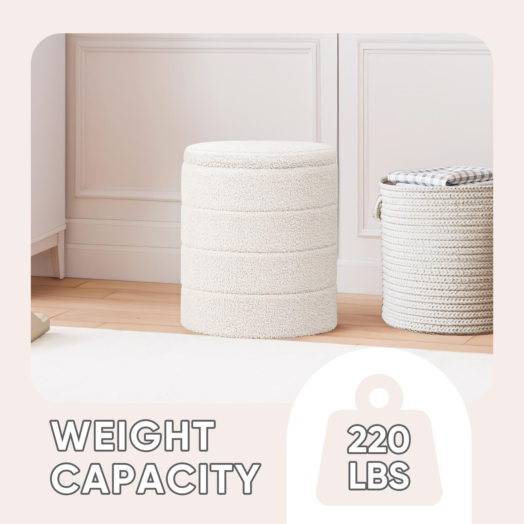 PINPLUS Round Storage Ottoman Foot Rest Stool with Tray Velvet Sherpa Folding Storage Ottoman,Boucle Foot Rest for Living Room, Bedroom, Dorm（Beige）