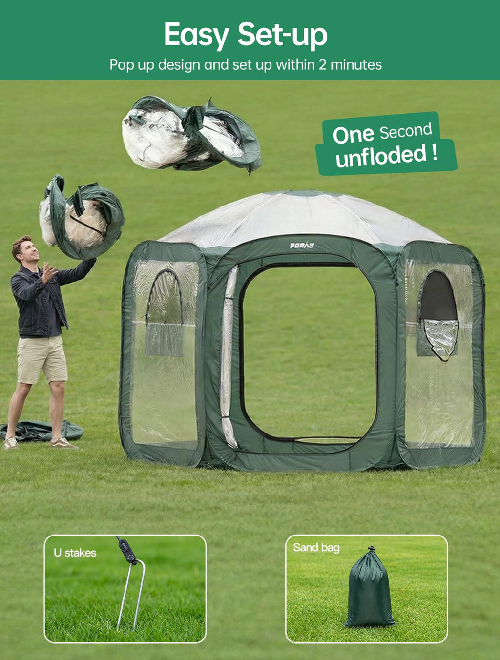 Porayhut Pop Up Greenhouse Tent,Portable X-Large Walk-in Flower House ,Indoor Outdoor Gardening Plant Sunshine Room with PE Mesh Cloth Cover for Protecting Plant from Cold Frost & Birds