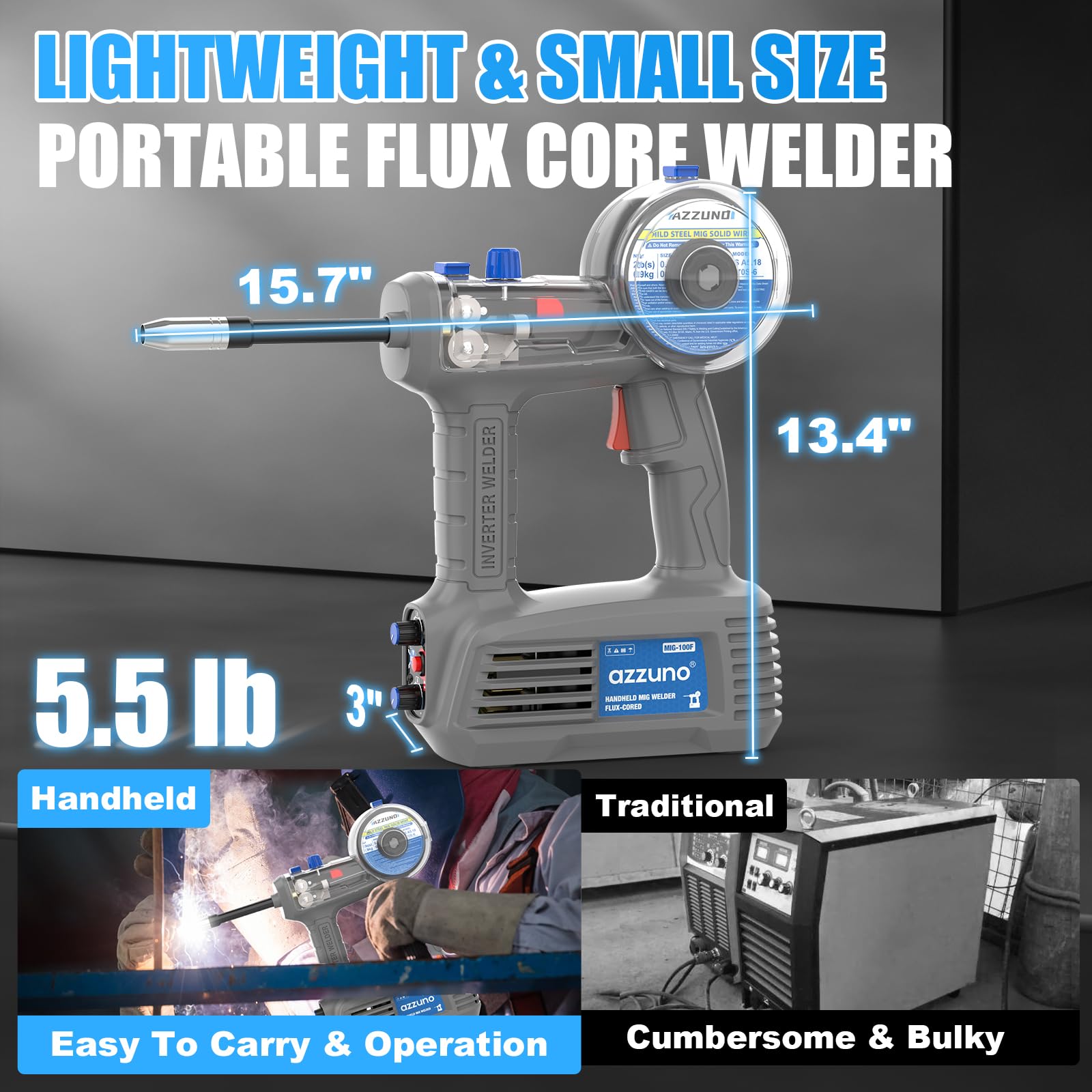 AZZUNO MIG Welder Machine 110V/220V, 155Amp 5-in-1 Gas MIG/Aluminum MIG/Gasless Flux MIG/Lift TIG/Stick Welding Machine, Wire Feed Welder
