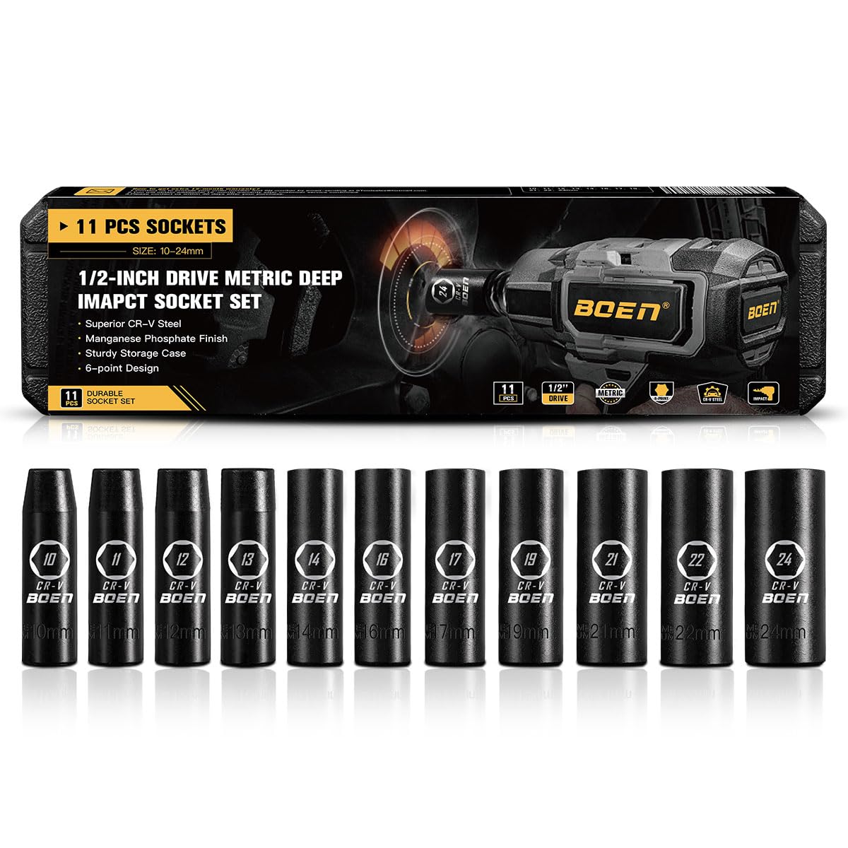BOEN 1/2" Drive Deep Impact Socket Set, 11 Pieces Socket Set Metric 10-24mm, 6 Point Design, Cr-V Steel, Laser Marking, Durable Storage Case, Meets ANSI Standards