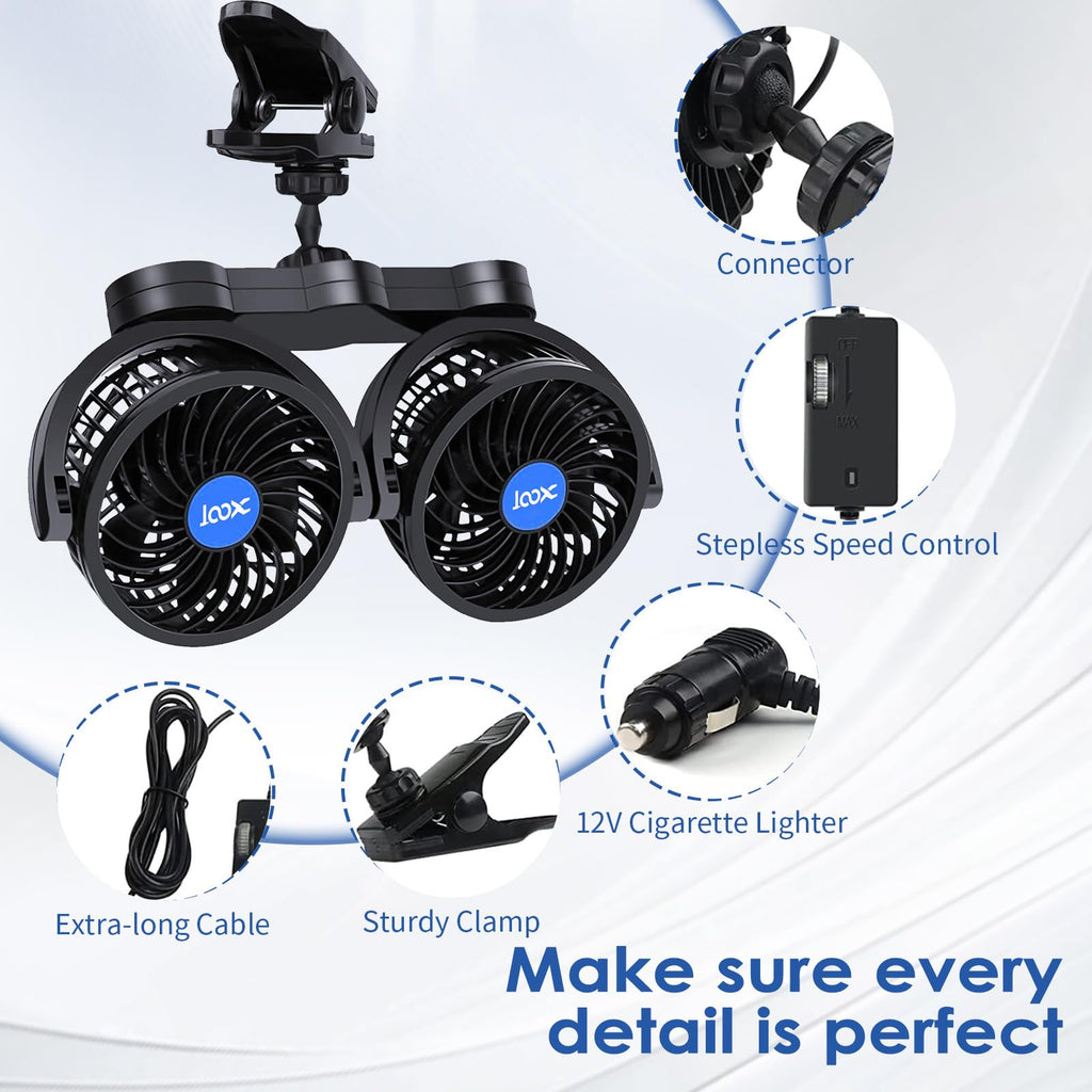 XOOL Clip Car Fan, 9 Inches 12V/24V Fan, 360° Rotatable Electric Cooling Clip on Fan with Stepless Speed Regulation for SUV, RV, Truck