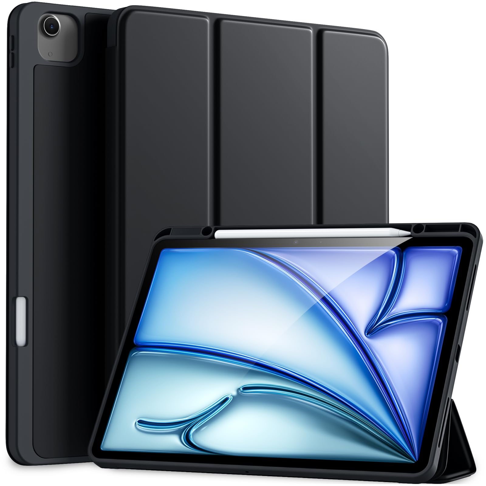 Akkerds Compatible for iPad Air 13 Inch Case (M4/M3/M2) 2026/2025/2024 with Pencil Holder, Trifold Stand Protective Cover/Soft TPU Back for iPad Air 13 Case, Supports Touch ID, Auto Wake/Sleep, Black