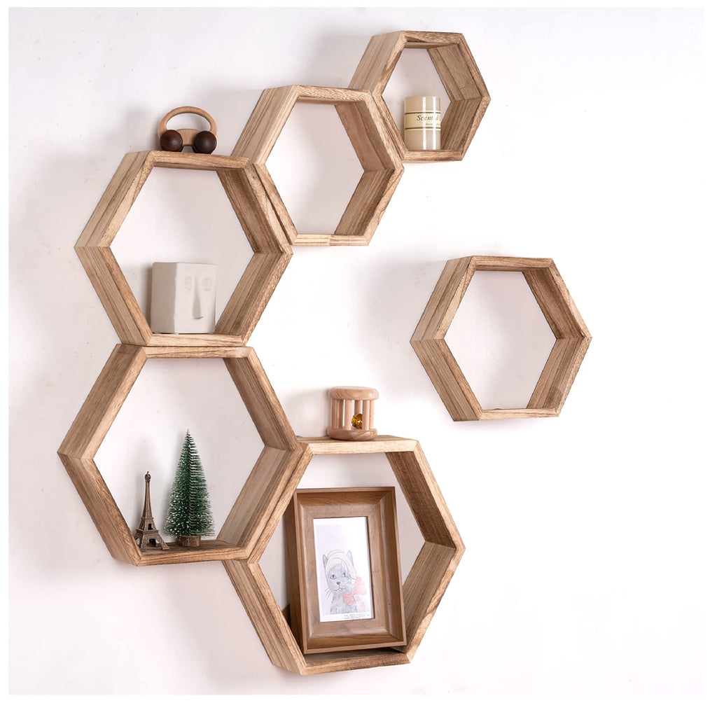 WONFUlity Hexagon Shelves for Wall Mounted, Wood Farmhouse Storage Honeycomb Floating Shelves for Wall Decor,Screws Anchors Included,5pc