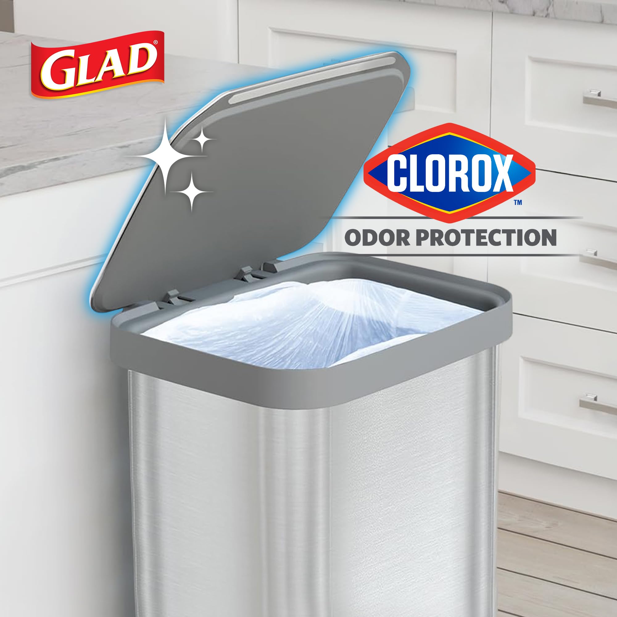 Glad 13 Gallon All Brushed Stainless Steel Trash Can with Clorox Odor Protection | Large Metal Kitchen Garbage Bin with Soft Close Lid, Garbage Bag Rings, Step On Foot Pedal and Waste Bag Roll Holder