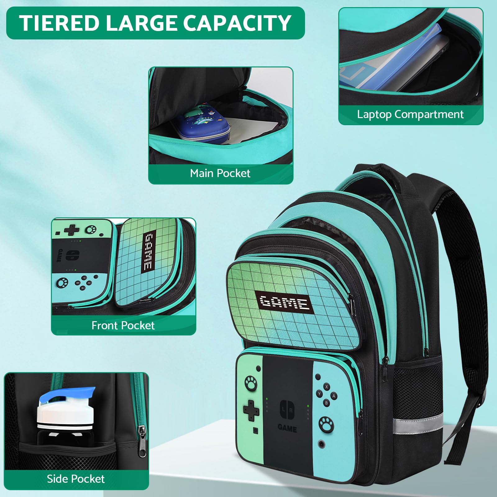 Kids Backpack For Boys，Gamer Boys Backpack For Children Teens Elementary Middle School, 17″ Students Bookbag