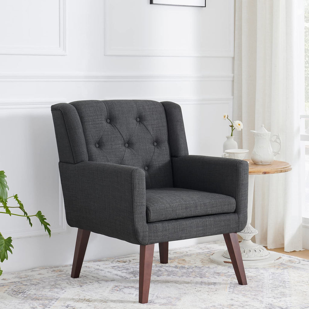 Living&Giving Accent Chair Button-Tufted Upholstered Living Room Chairs Comfy Reading Mid Century Modern with Linen Fabric Lounge Arm for Bedroom (Beige) 29.33D x 28.94W x 34.65H Inch