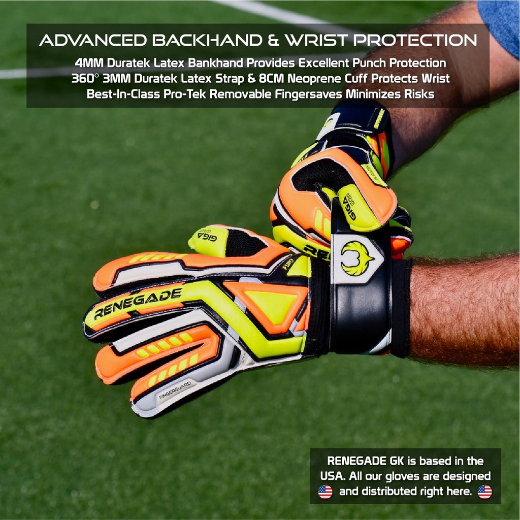 Renegade GK Fury Goalie Gloves with Microbe-Guard - Adult, Youth, Kids (Sizes 6-11) Pro-Tek Fingersaves & 4+3MM Giga Grip | High Performance Pro-Level Goalkeeper Glove | Based in USA