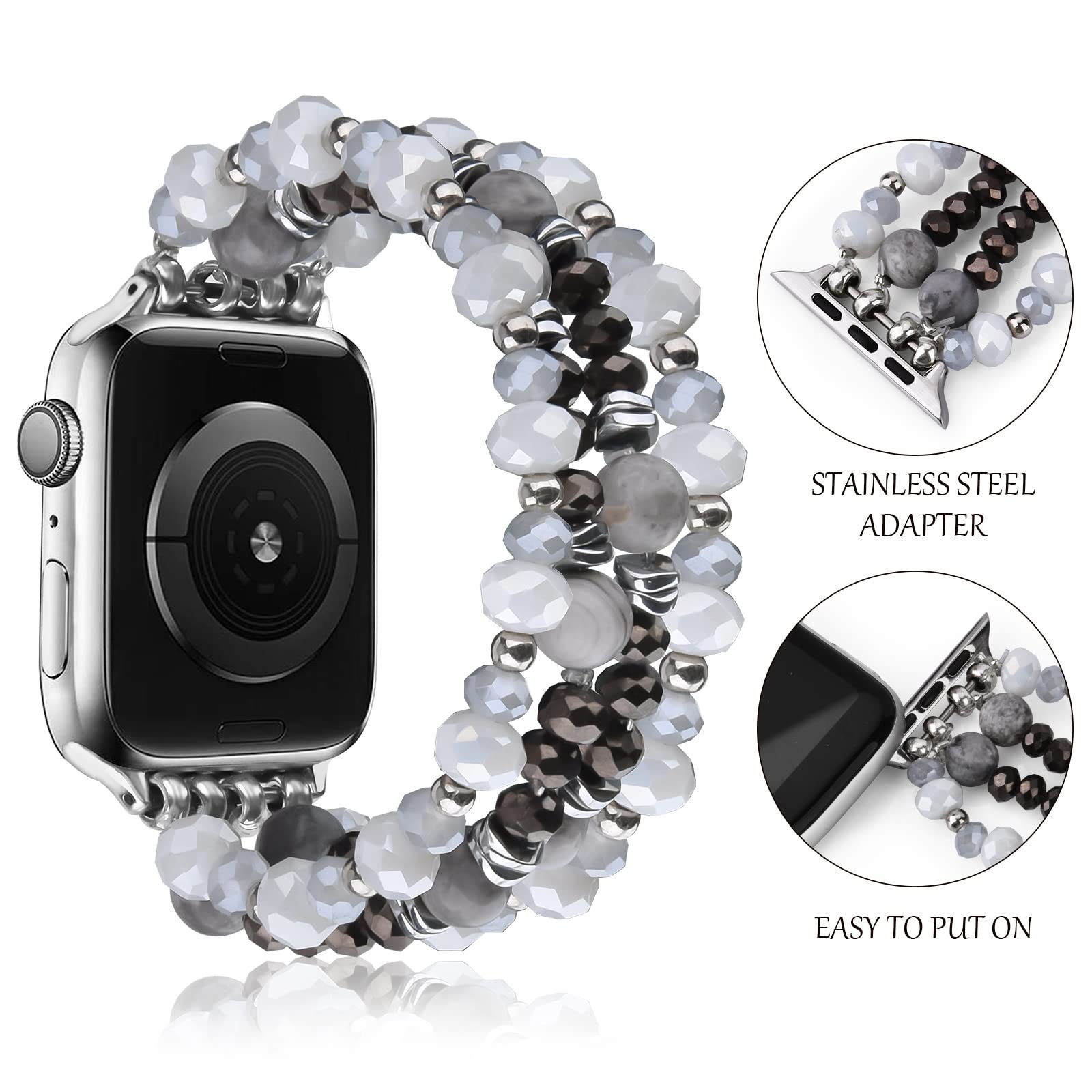 VISOOM Beaded Boho Bracelet Compatible for Apple Watch Band 40mm/38mm/41mm/42mm Series 11 10 9 8 7 SE Series 6/5/4 Women Fashion Cute Handmade Crystal Beads Stretchy Watch Strap for iWatch Bands 3/2/1