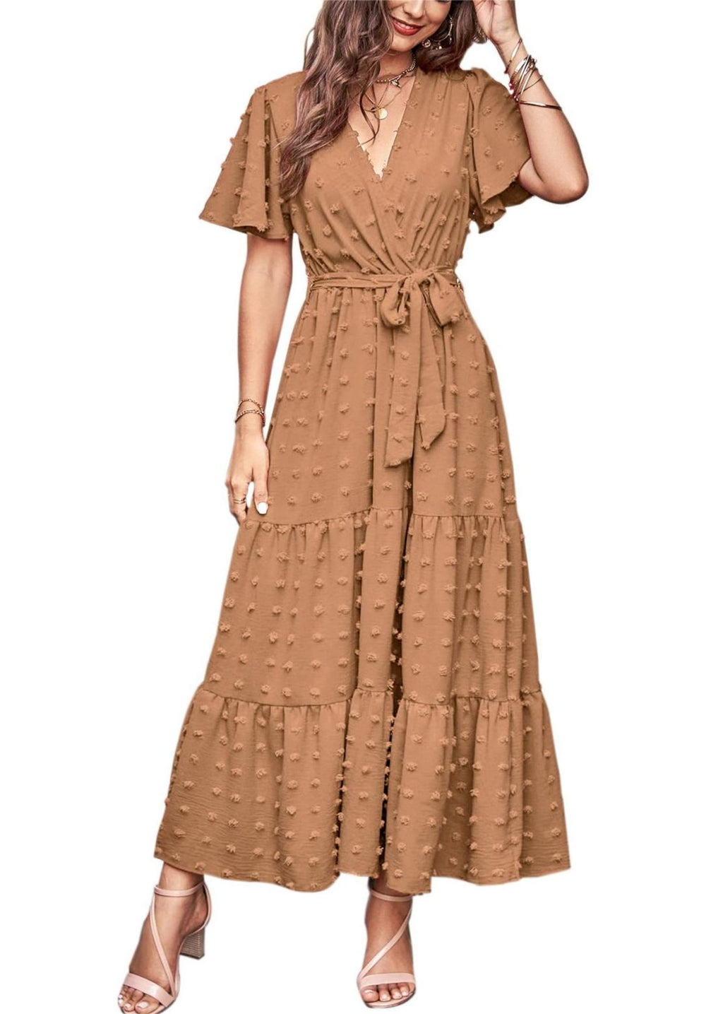 MASCOMODA Womens Summer Swiss Dot Maxi Dresses Wrap V Neck Flutter Short Sleeve Boho Casual Flowy Long Wedding Guest Dress