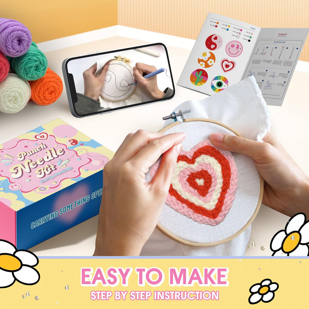 yuegool 6PCS Enchanted Oddities Punch Needle Coasters Kit – Easy DIY Embroidery Kit for Beginners, Adults & Kids | Includes Patterns, Tools, Yarns, Hoop, Instructions, Coaster Holder