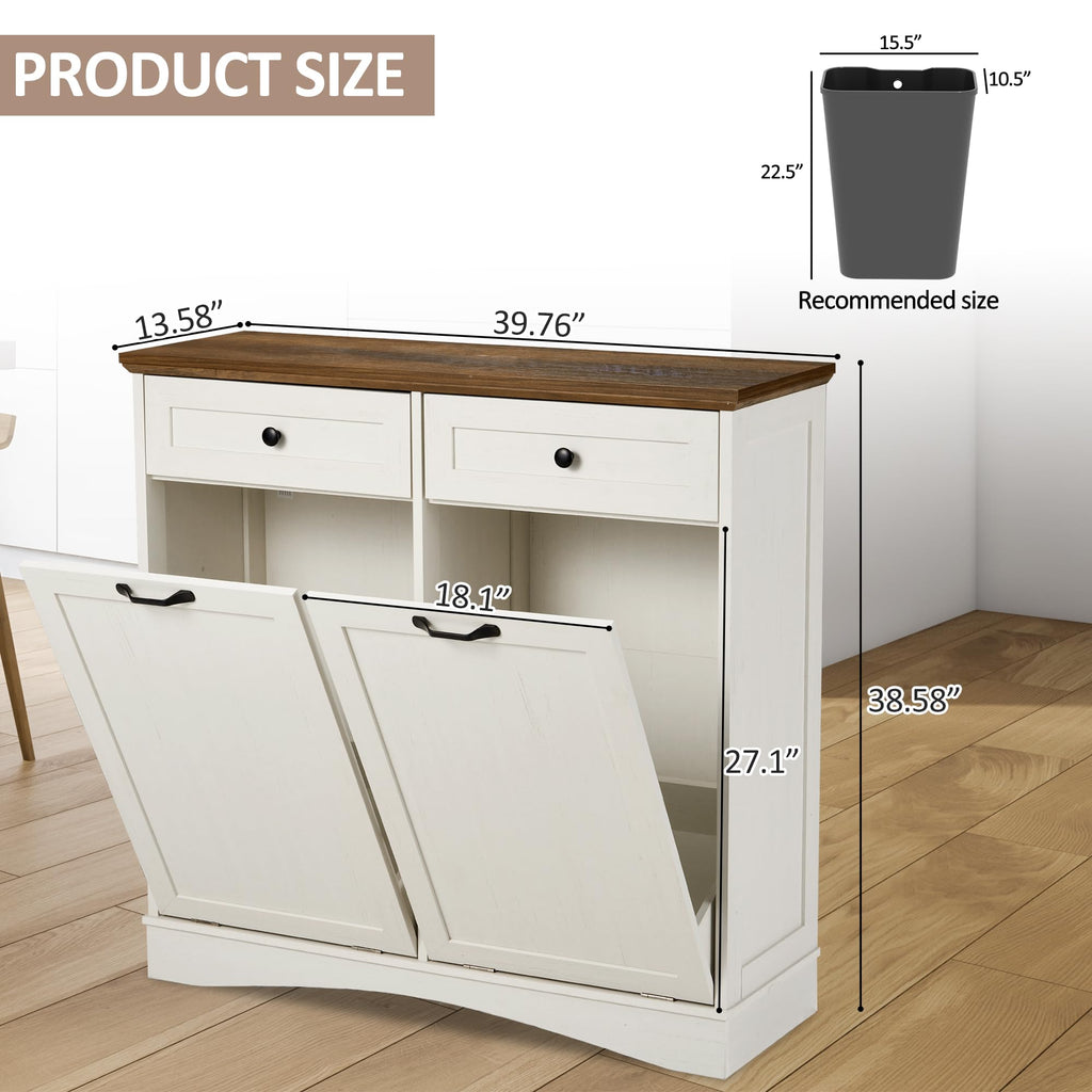 AHB Double Tilt Out Trash Can Cabinet Freestanding Kitchen Trash Can, 2x13 Gallons Hidden Garbage Recycling Cabinet with Hideaway Drawers Pet Proof Trash Can Holder for Kitchen, Antique White