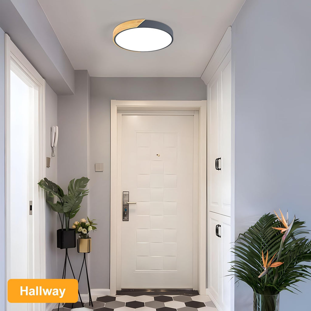 Modern LED Ceiling Light, Minimalist Wood Dimmable Flush Mount Ceiling Light Fixture, Round 5CCT Lighting Lamp with Acrylic Lampshade for Bedroom Hallway Kitchen Laundry, Black 11.8"