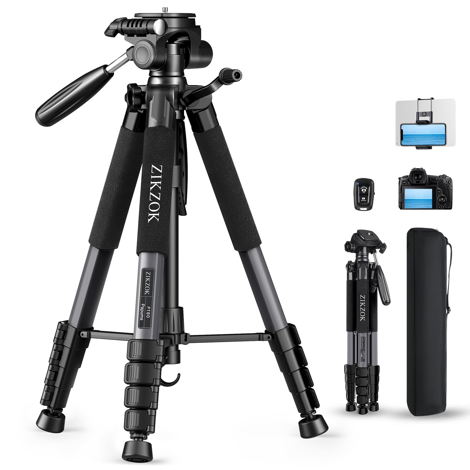 75" Camera Tripod, Aluminum Heavy Duty Camera Stand for ipad Phone, Travel Tripod with/Carry Bag/Phone Tablet Holder, Compatible with Canon Nikon Sony DSLR, Spotting Scopes, Max Load 15 Lb(Black)