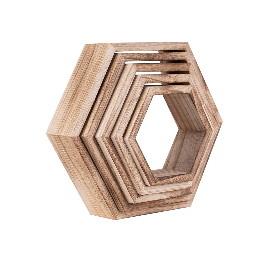 WONFUlity Hexagon Shelves for Wall Mounted, Wood Farmhouse Storage Honeycomb Floating Shelves for Wall Decor,Screws Anchors Included,5pc