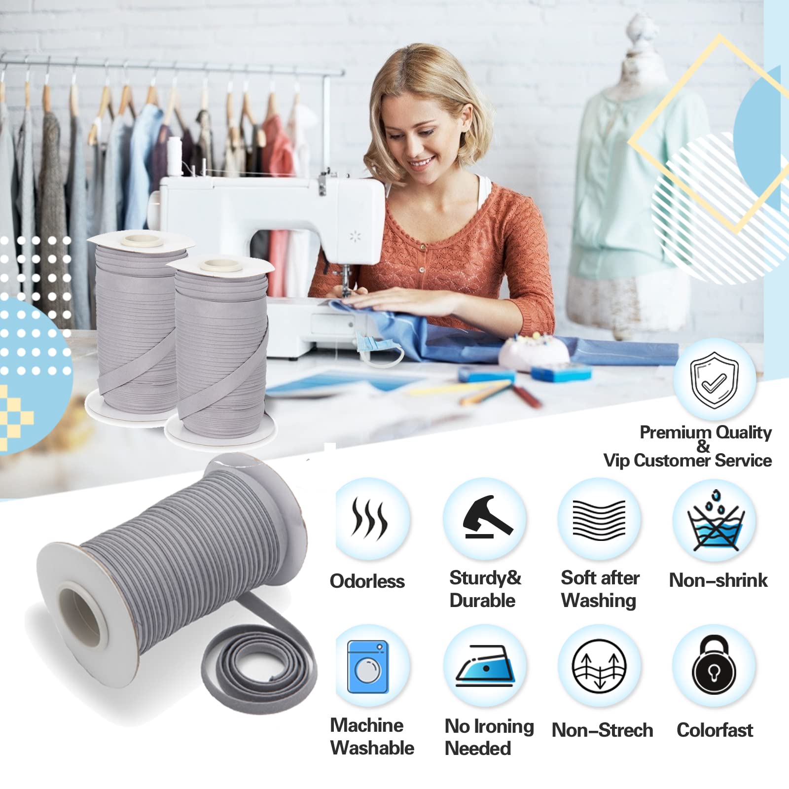 Tewadoo Bias Tape Double Fold 1/2 Inch - Black 55 Yards Polyester Binding Tape for Sewing, Quilt Binding, Hemming, Seaming and Fabric Piping