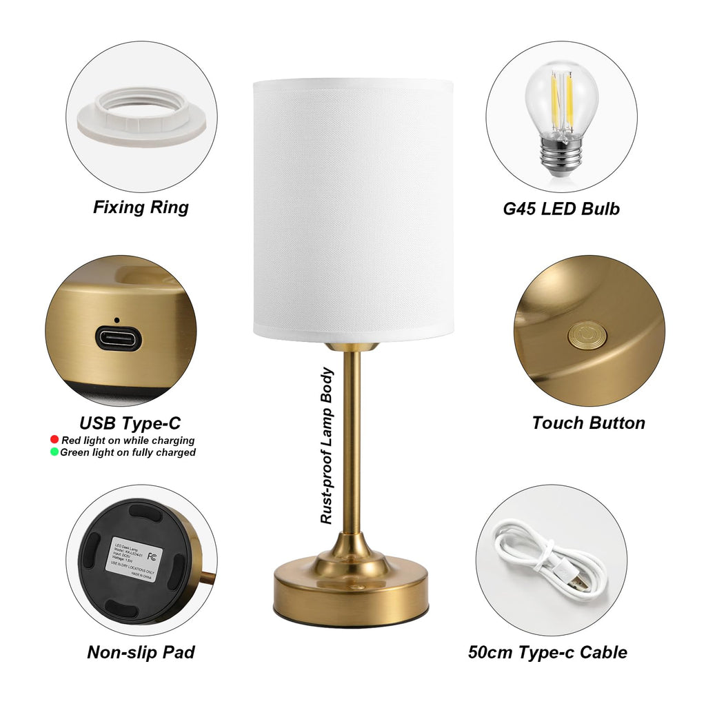 Touch Control Cordlss Table Lamp, USB-C Rechargeable Lamp with Stepless Dimming, 4000mAh Battery Operated Bedside Lamp for Bedroom, Living Room, Night Light & Emergency Lighting, Black, 1 Pack
