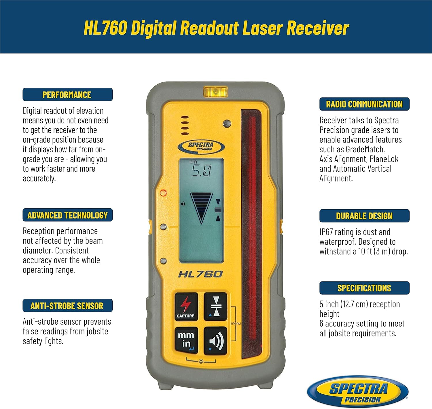 Spectra Precision HR150U Laser Receiver for Interior Leveling with red or green beam rotating lasers. Dual Sided LED Display, Magnetic Mount, Includes Rod Clamp and Alkaline Batteries